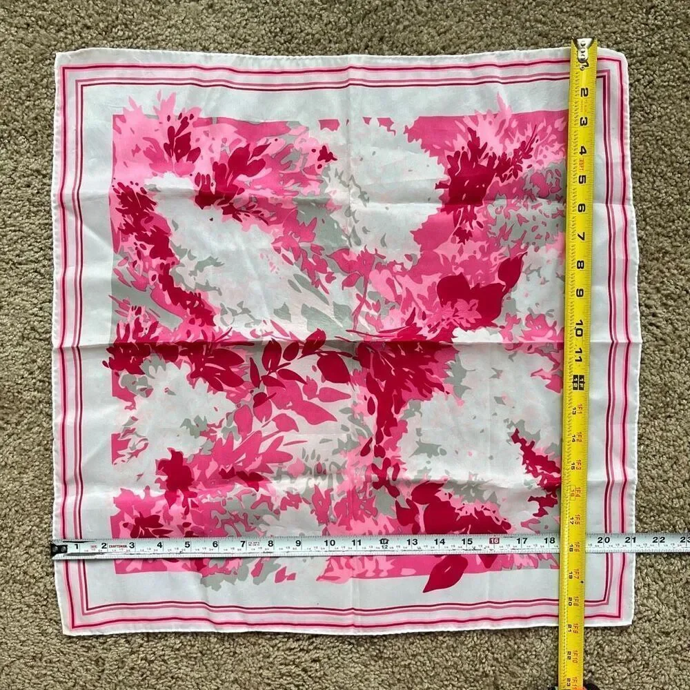 Pink White Floral Square Scarf 21x21 Hand Rolled Hem Valentine Chic